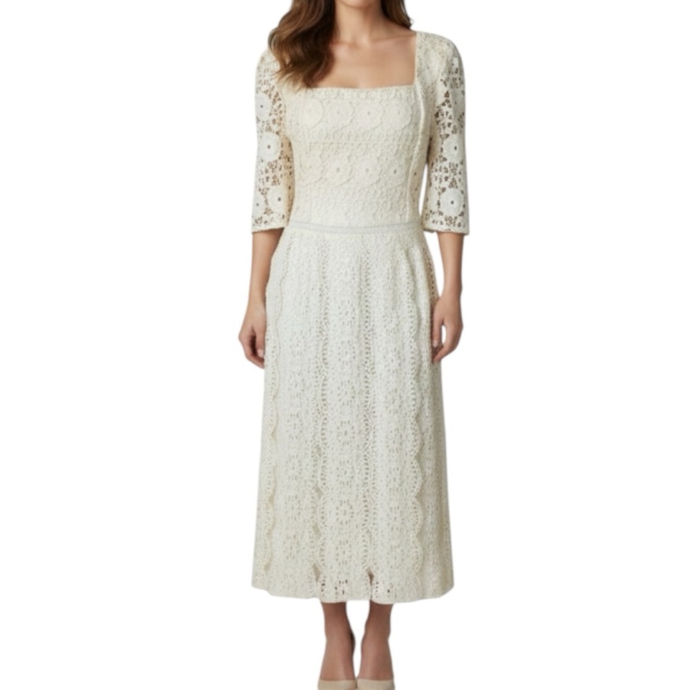 Just Me Cream Crochet Lace Overlay  Square Neck Short Sleeve Midi Dress S